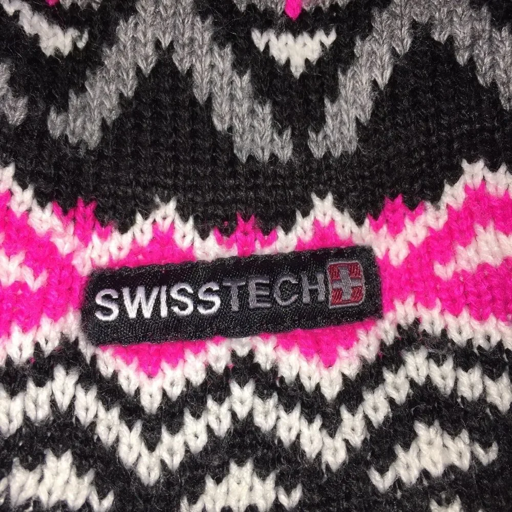 4/$20 Swiss Tech Knit Hat Ear Flaps Hot Pink Black One Size Fits Most